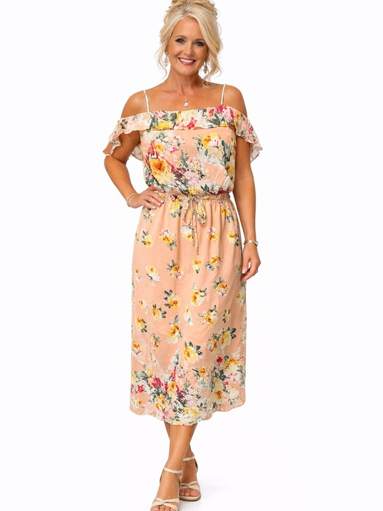 entro Dresses & Skirts - Entro Peach Floral Cold-Shoulder Midi Dress Size Medium NWT
